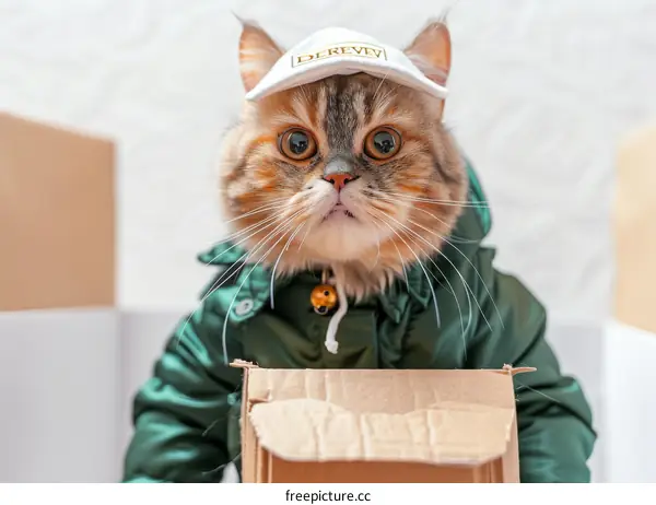 Cute Cat Wearing a Hat and Jacket by a Delivery Box