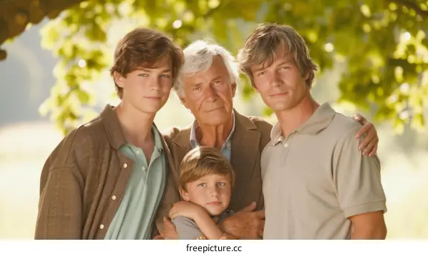 祖父和孙子们在树荫下