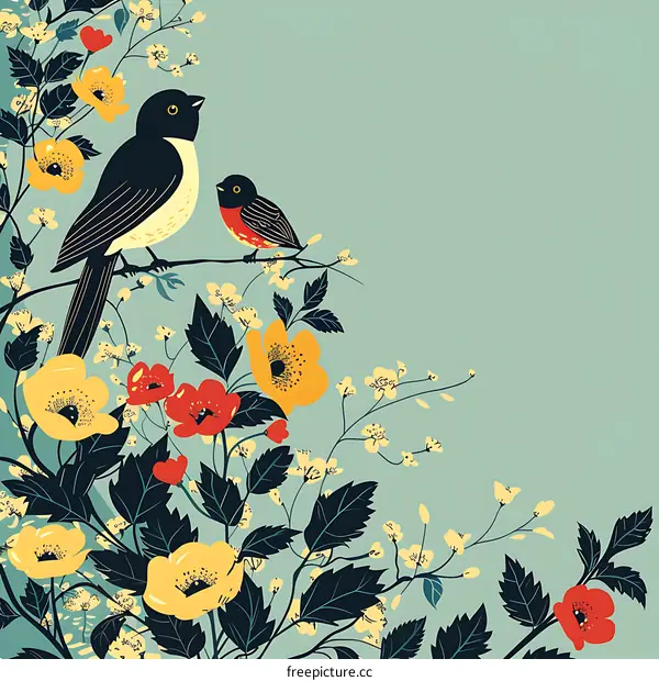 Two Birds on Branch with Floral Background