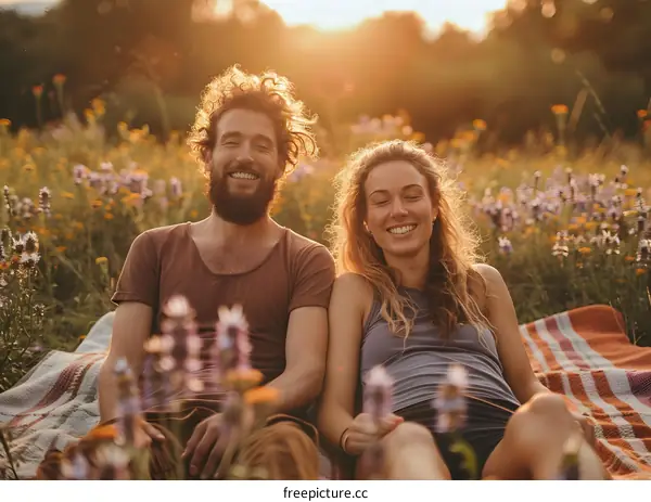 A young couple is sitting on a blanket in a field of flowers.