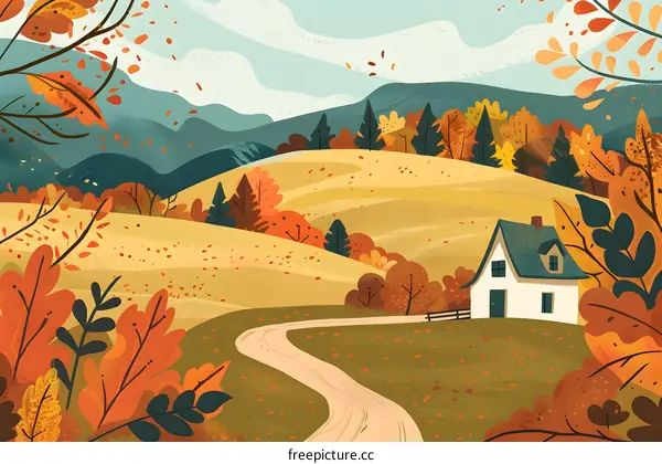 Autumn Landscape Illustration with House and Winding Path