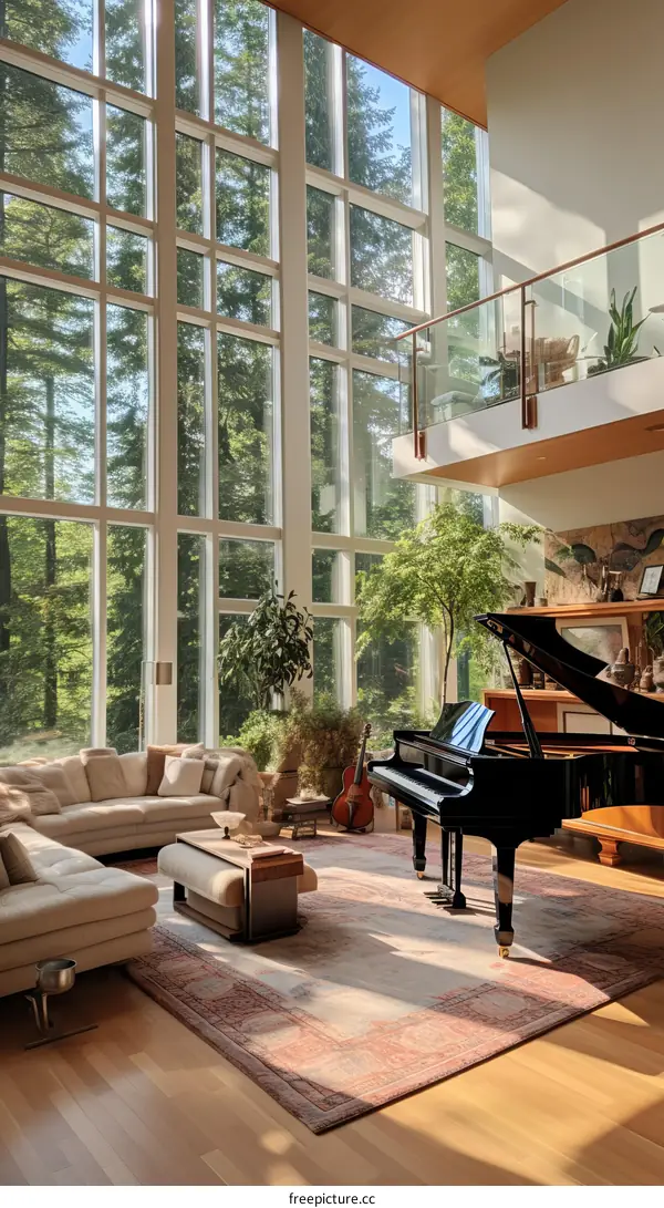spacious living room with large windows and a grand piano