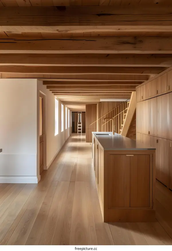 Modern Kitchen Design with Exposed Wooden Beams and White Walls