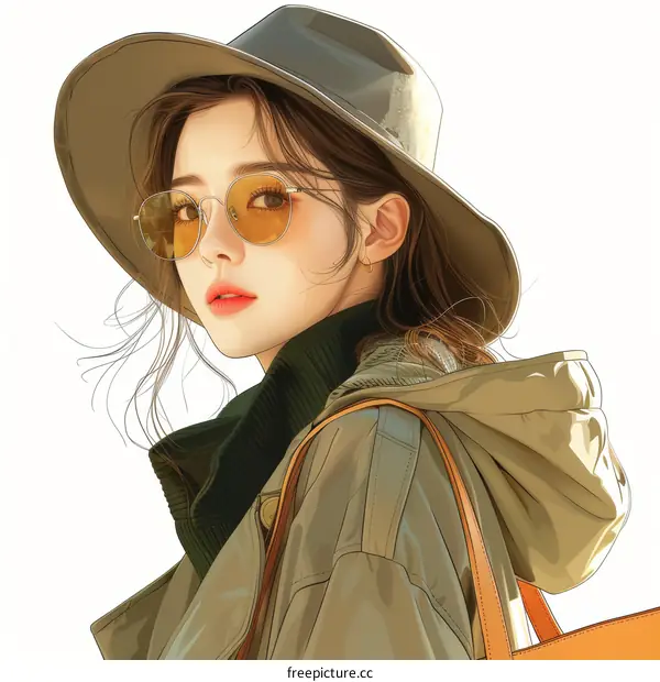 An illustration of a young woman wearing a hat and glasses
