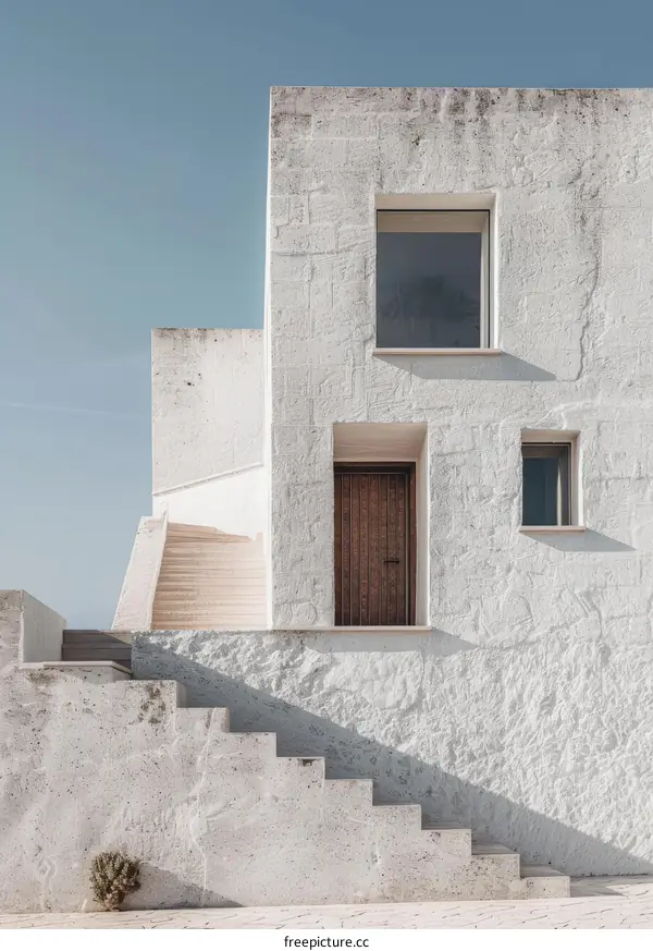 Stunning minimalist architecture of a luxury villa with steps leading up to the entrance