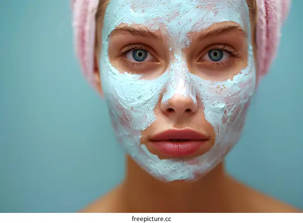 Woman with a blue cosmetic mask on her face