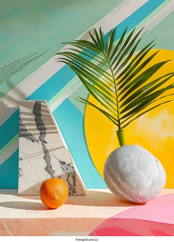 Summer Minimalist Still Life with Palm Leaves and Orange on Abstract Background