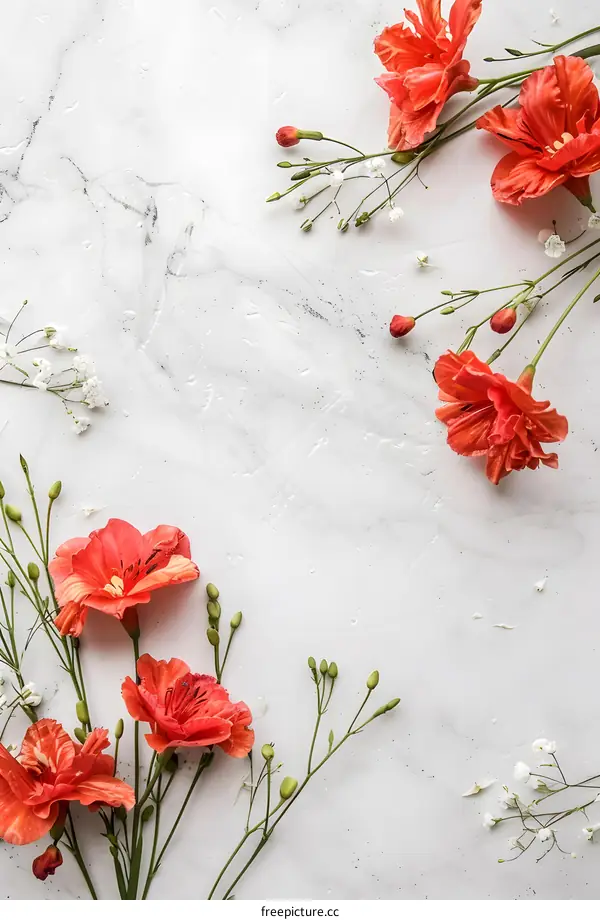 Orange Flowers On White Marble Background