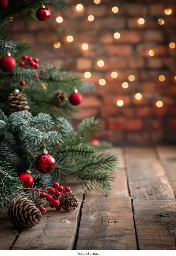 Christmas tree with red ornaments and lights