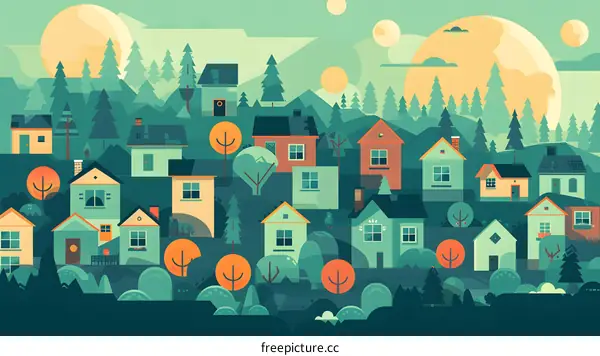 Green Village Illustration With Many Houses and Trees