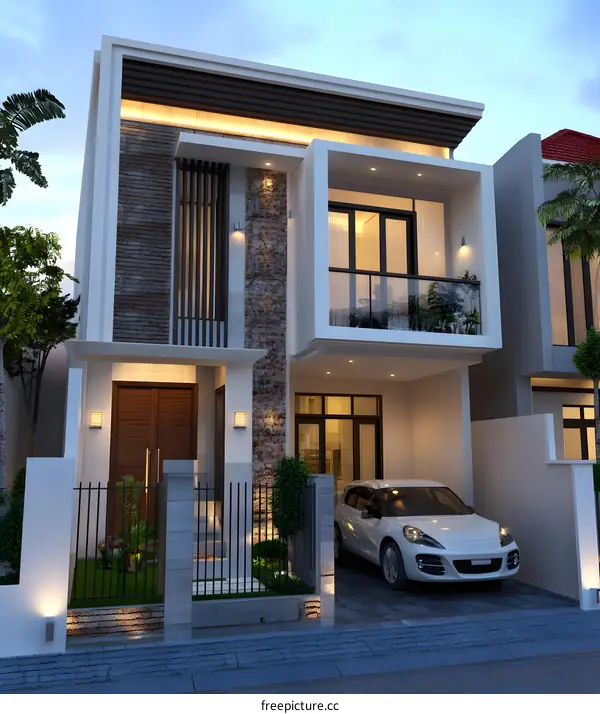 Modern Two Story House Design with Balcony and Car