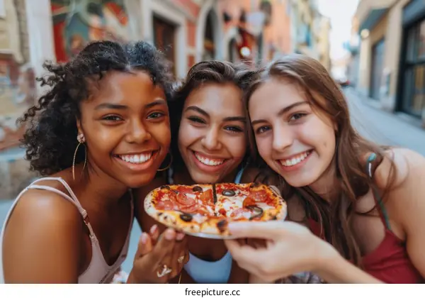 Three young women of different ethnicities are eating pizza together.