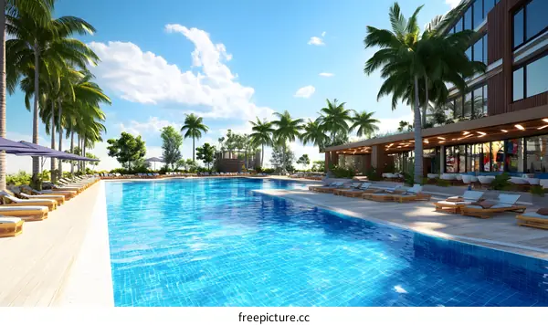 Tropical Resort Swimming Pool With Palm Trees And Blue Sky