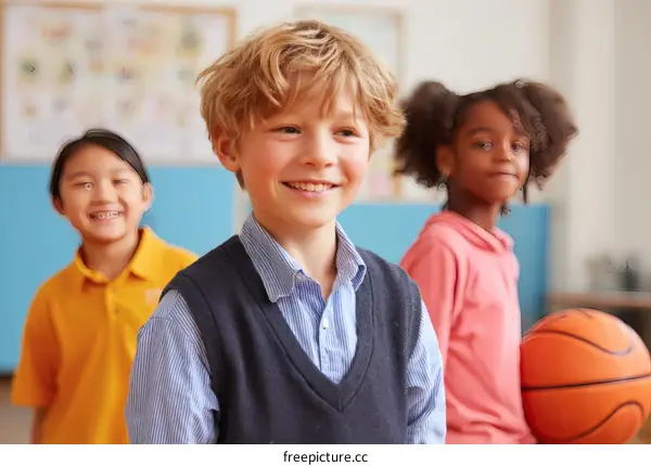 Happy Children in Classroom with Basketball