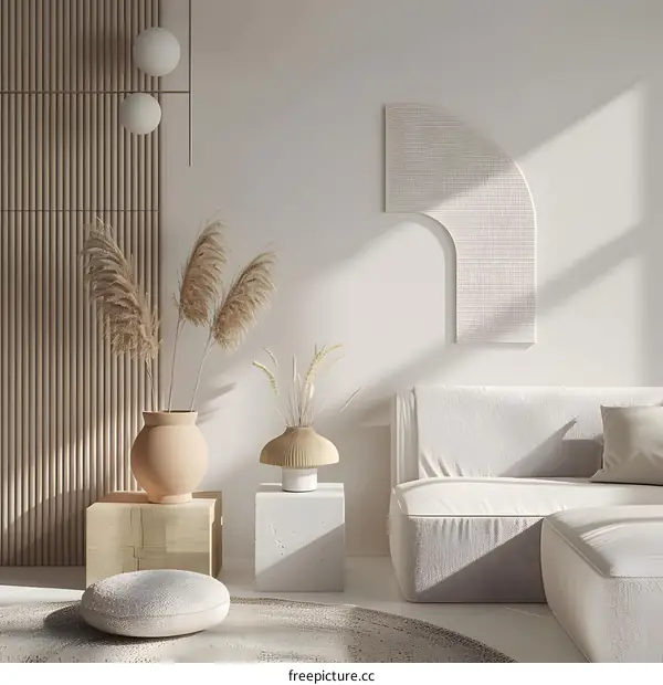 Minimalist Living Room Interior Design with Beige and White Colors