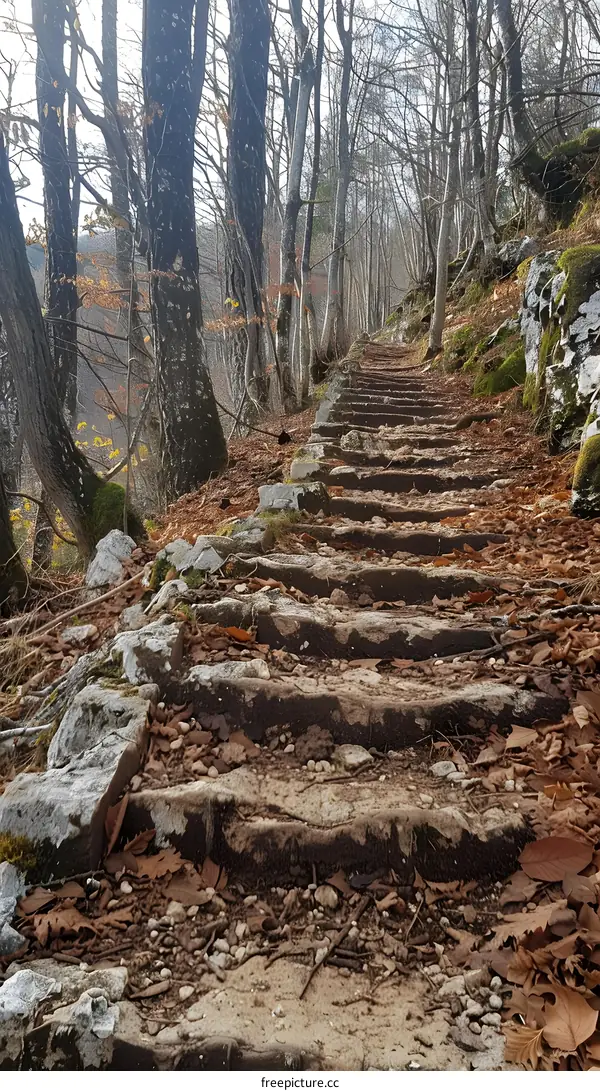 A stone staircase winds through a dense forest.