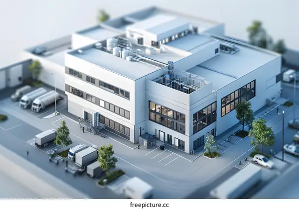 The exterior of a modern office building with a large parking lot