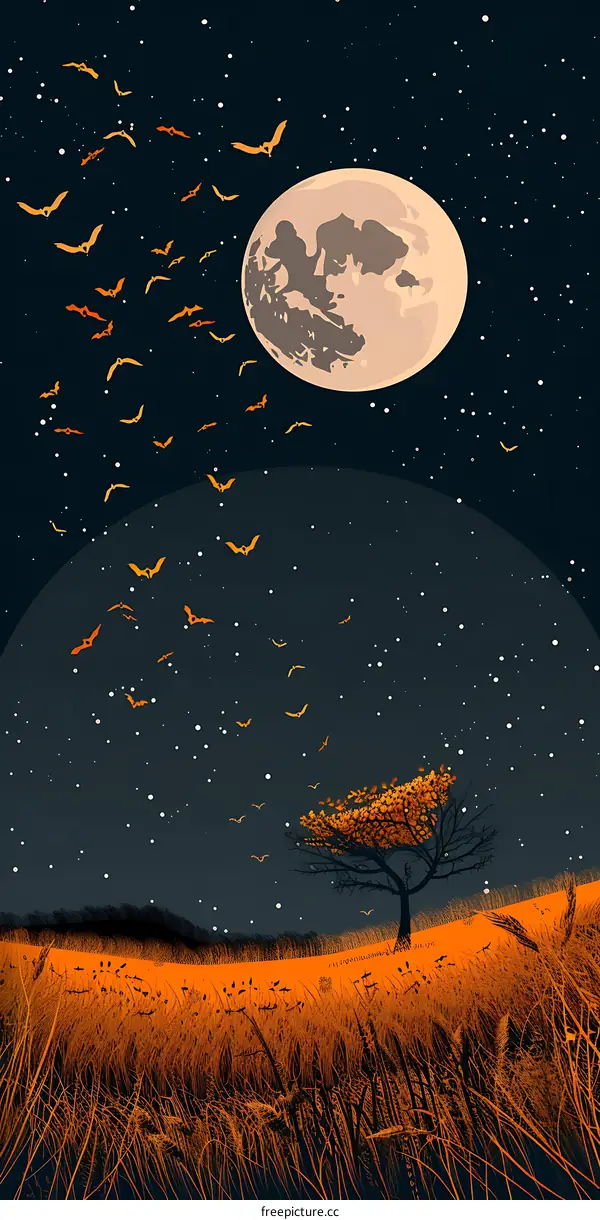 Night Sky With Bats and a Lone Tree