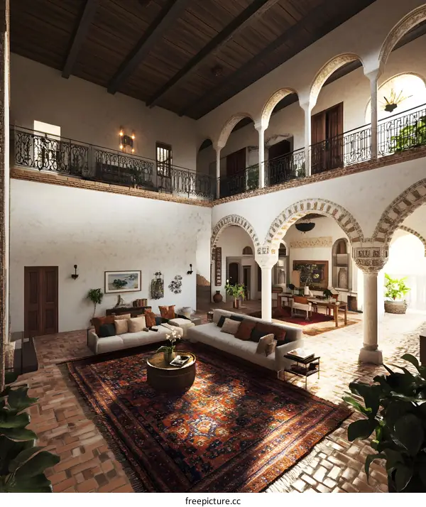 Traditional Moroccan Interior Design with Arched Windows and a Large Rug