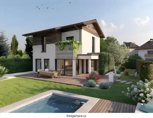 Modern House with Backyard Pool and Garden