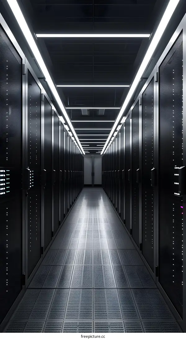 Futuristic data center with rows of server racks
