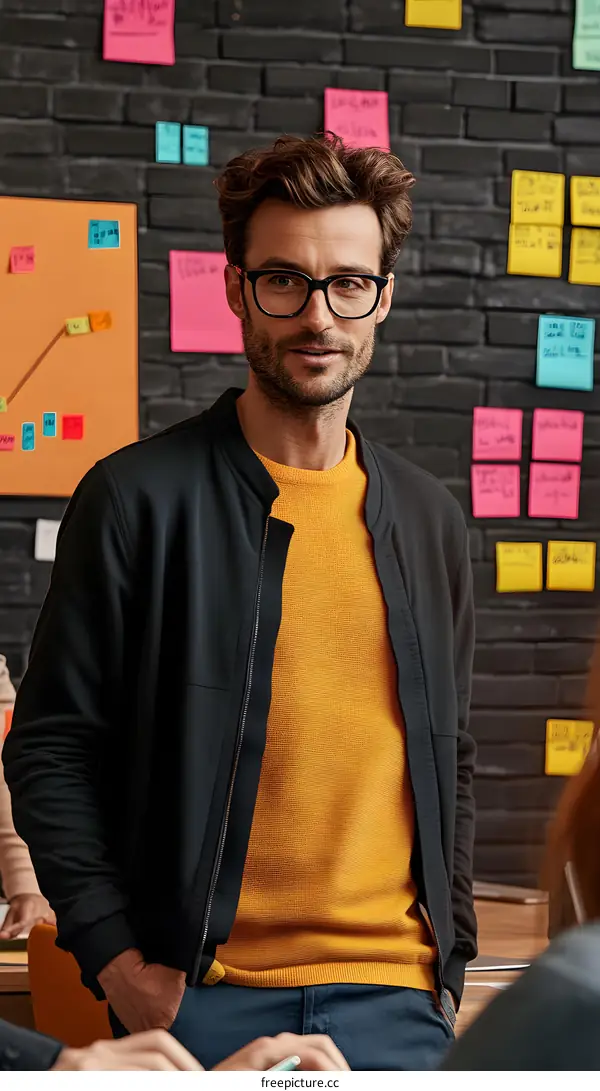 Man Wearing Glasses Stands In Front Of Black Brick Wall With Sticky Notes