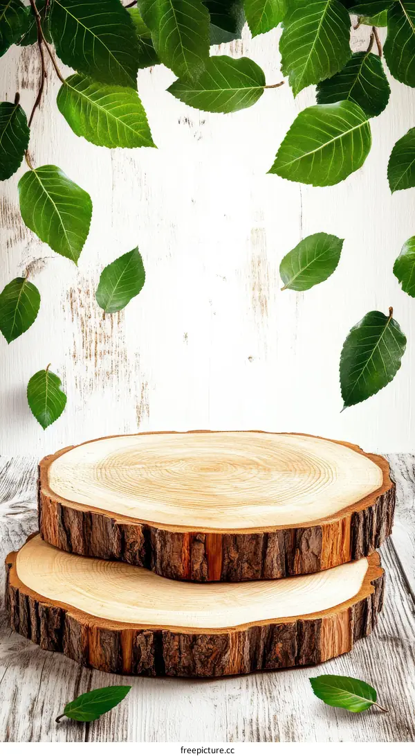 Natural Wood Slice Display Background with Falling Leaves