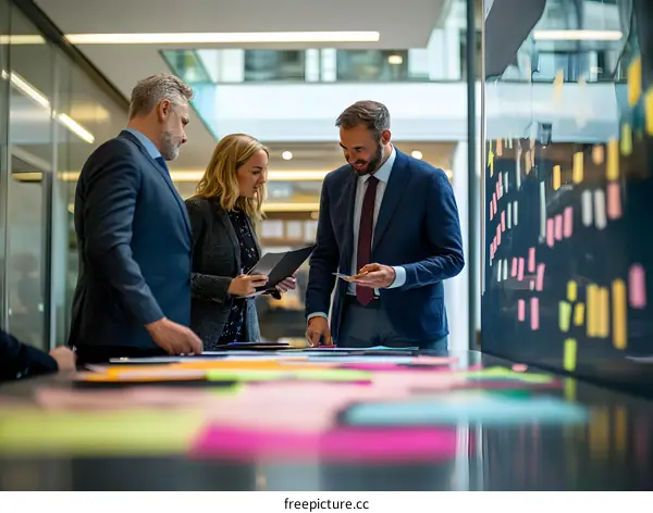 Business People Collaborating on Project with Sticky Notes and Papers