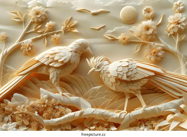 Two birds standing on a branch with papercut flowers