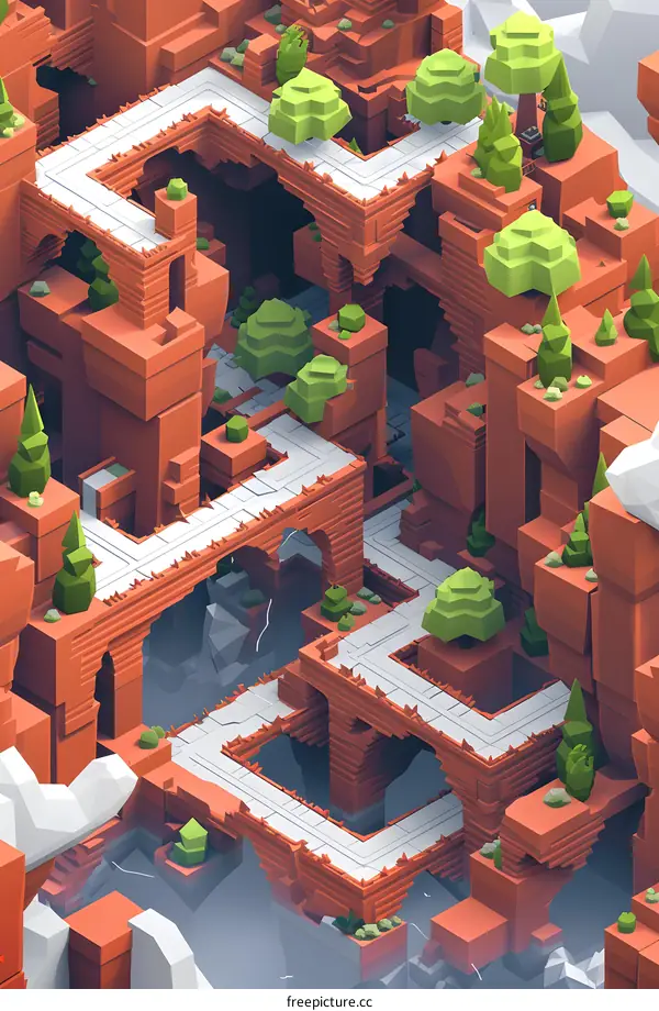 Low Poly Style 3D Illustration of a Stone Pathway with Bridges and Trees