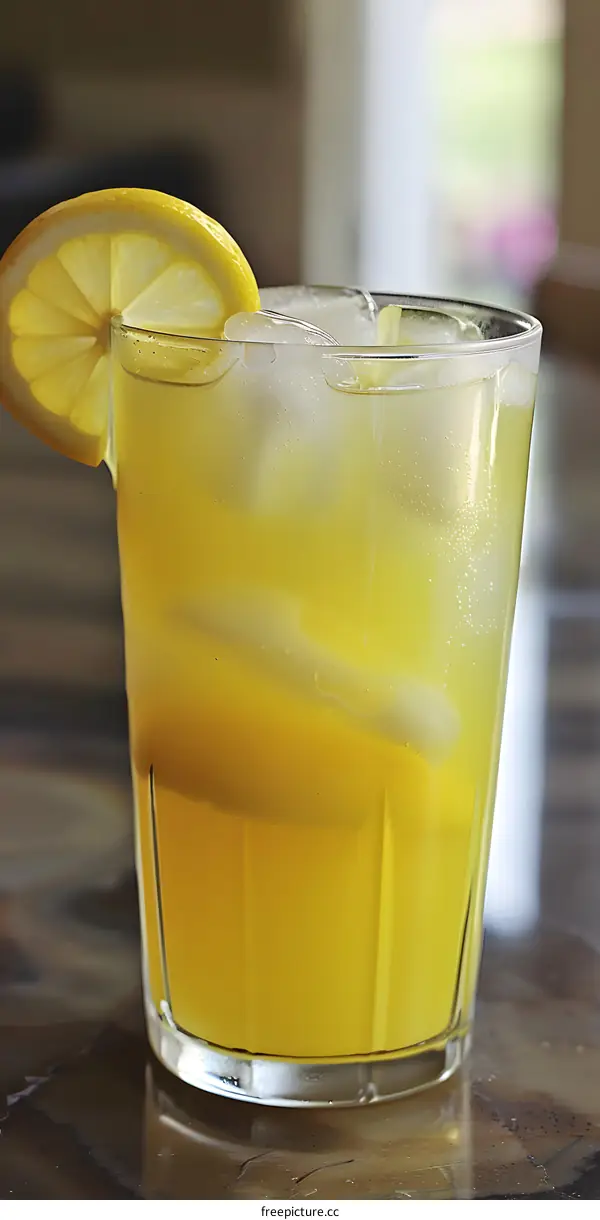 Close Up of a Glass of Lemonade with Ice and a Lemon Wedge