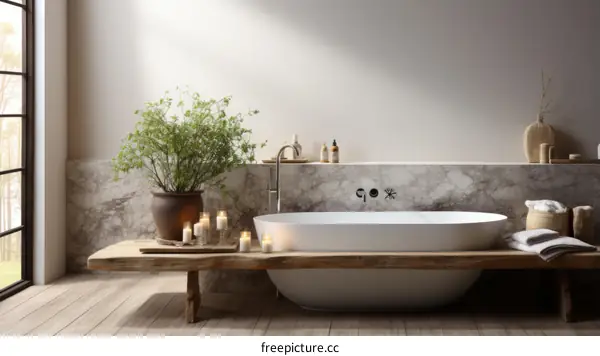 Bathroom With Large Bathtub and Natural Elements
