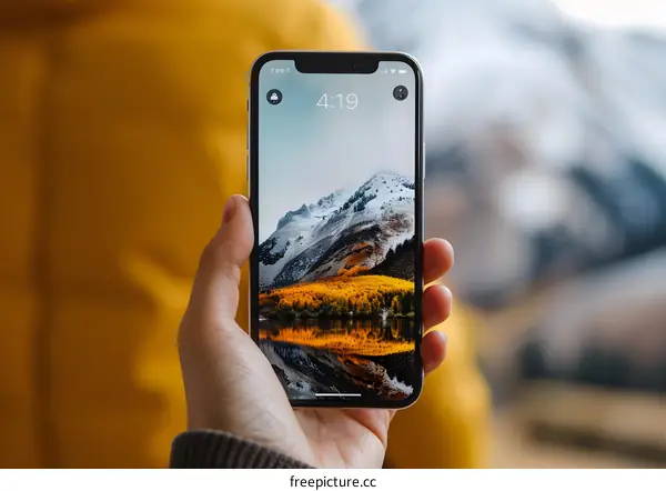Person Holding Smartphone with Mountain Lake Wallpaper