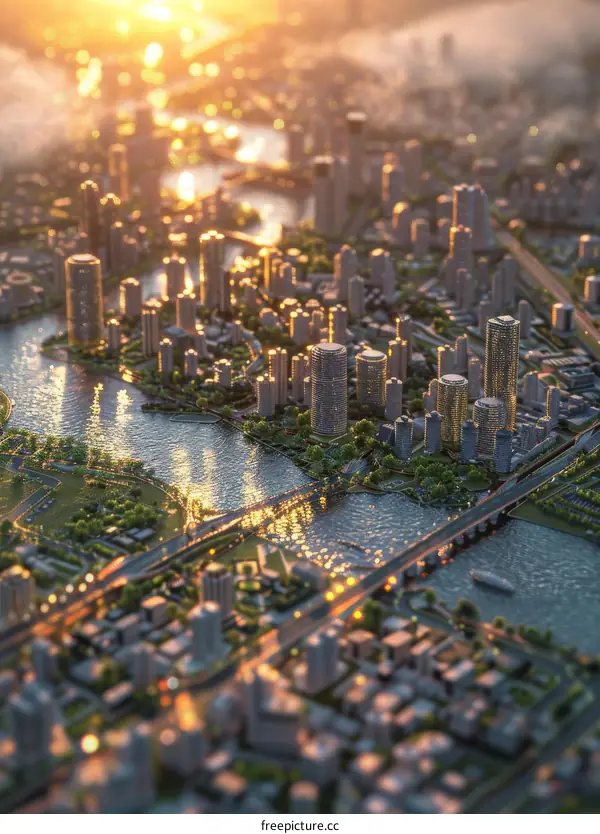 A Miniature City with a River Cutting Through it as the Sun Rises