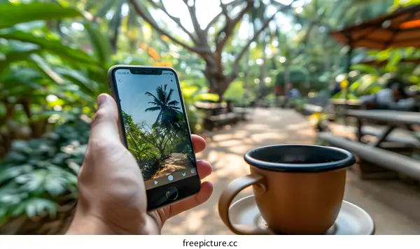 Closeup of Hand Holding Smartphone Capturing Palm Tree and Coffee Mug in Background