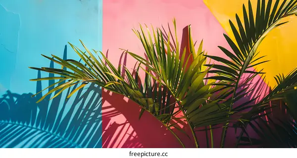 Tropical Palm Leaves Against Colorful Wall