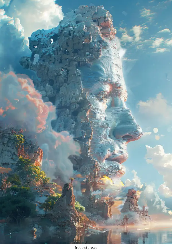 Surreal Landscape with Giant Stone Head Emerging from Clouds