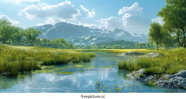River Flows Through the Middle of Serene Grassland