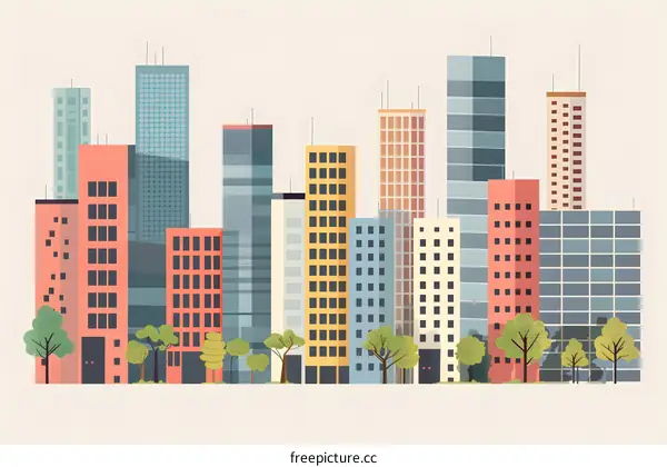 Cityscape with Colorful Buildings and Trees Illustration