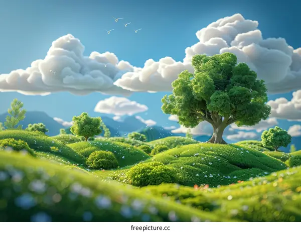 Green hills and trees under the blue sky