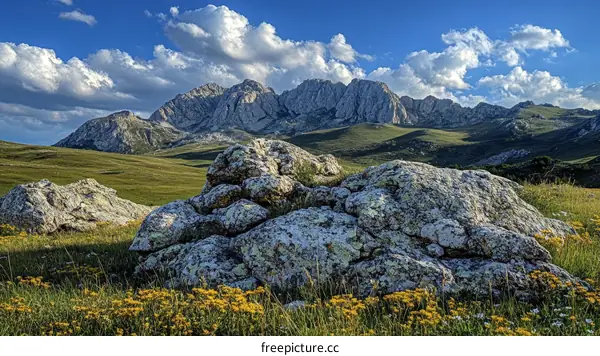 Majestic Mountain Range Panorama in Sunny Meadow