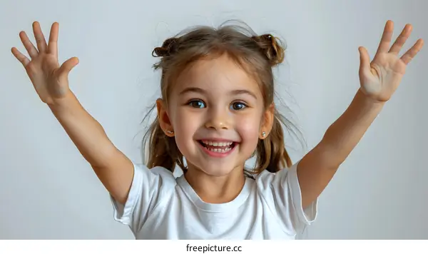 Little girl with brown hair in white shirt raising her arms in joy