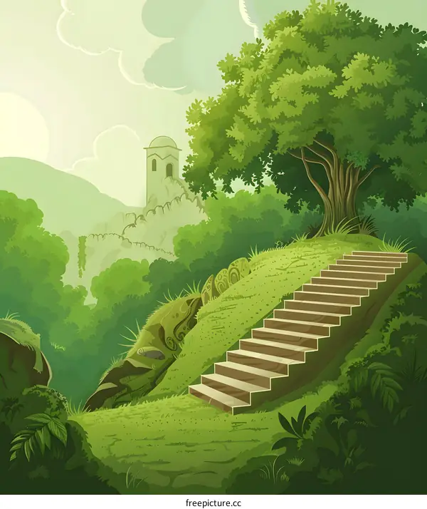 Green Forest Landscape with Stone Stairway and Small Building