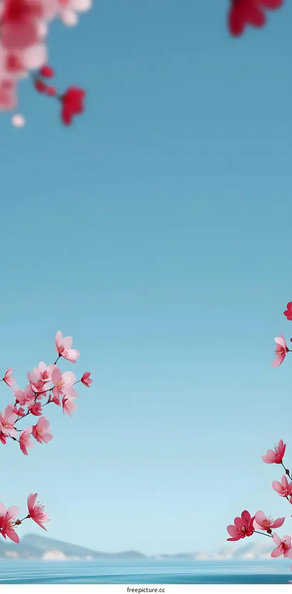 Pink Cherry Blossoms Blooming Over Blue Water