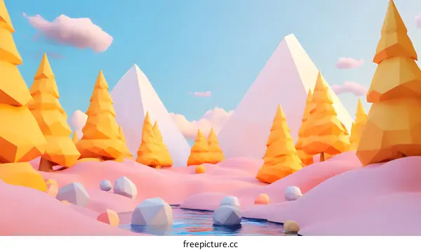 Low Poly Illustration of a Forest with Mountains and a Stream