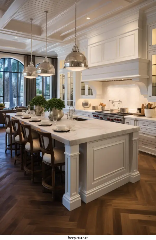 White kitchen island with seating and marble top
