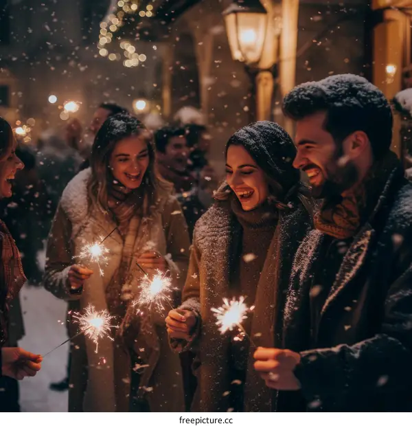 A group of multi-ethnic friends celebrating New Year's Eve with sparklers in the snow.