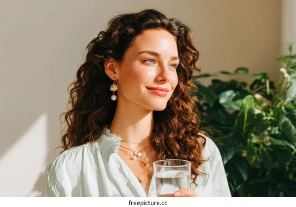 Woman with Curly Hair Holding a Glass of Water