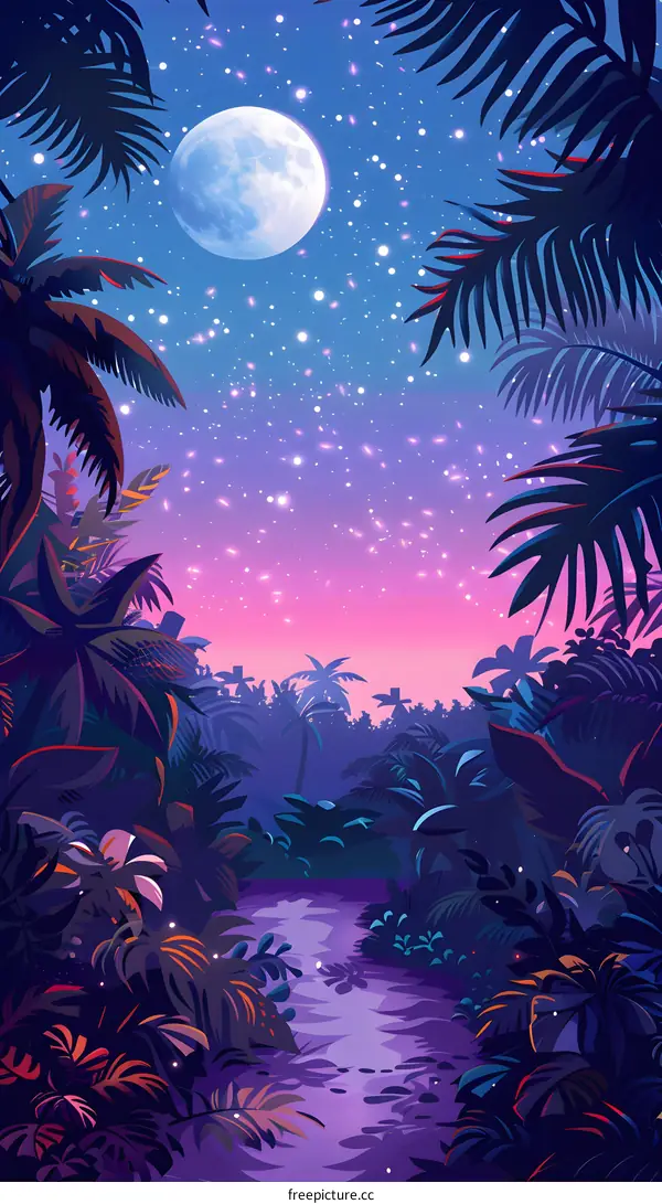 Jungle Night Scene with Full Moon and Stars