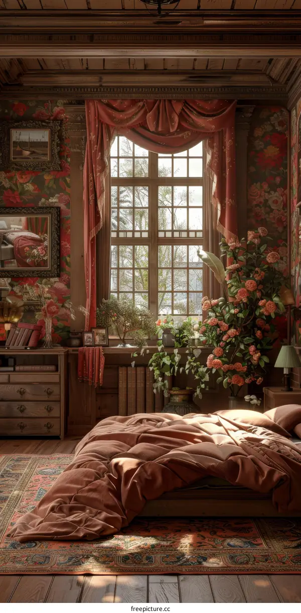 Vintage Bedroom with Floral Wallpaper and Wooden Furniture